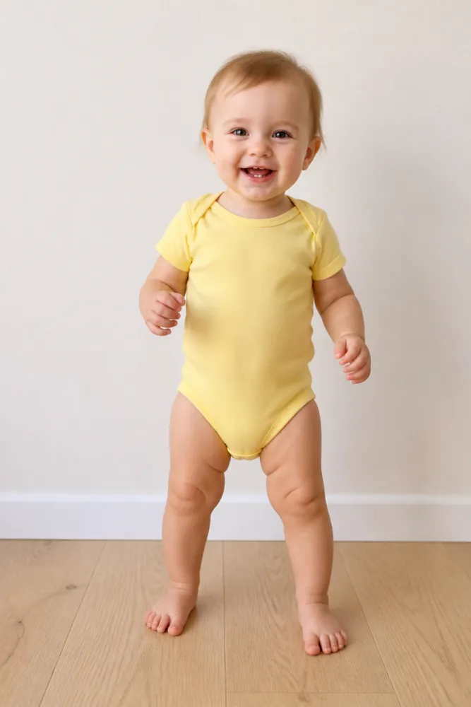 Sample photo: a smiling one-year-old in a yellow bodysuit standing barefoot on a wooden floor, full length, face clearly visible