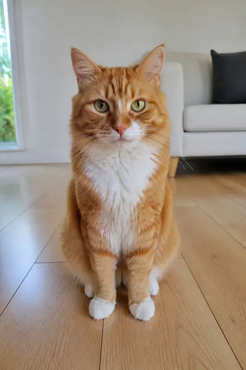 Sample photo: an orange tabby cat with a white chest and white paws sitting on a wooden floor in a bright living room, the whole cat in frame, face clearly visible