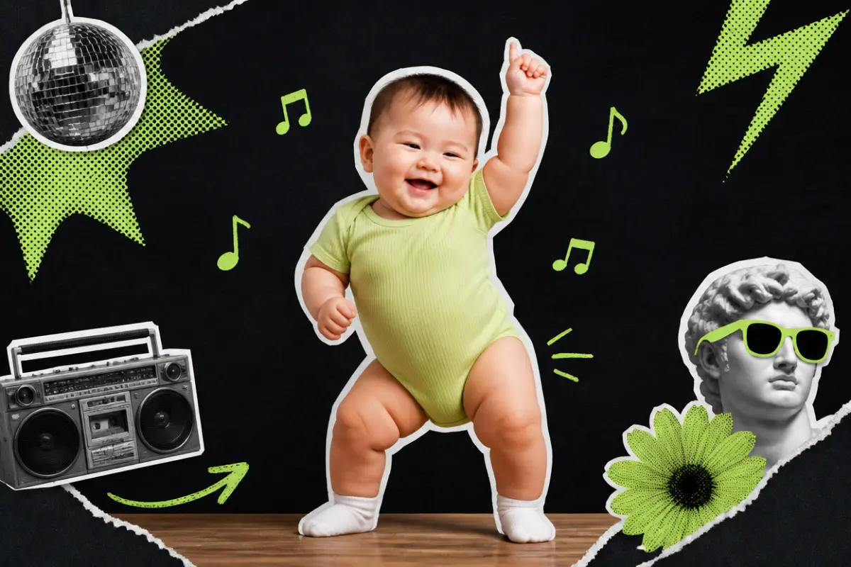 Collage: a smiling baby in a green bodysuit dancing with one hand up, music notes around