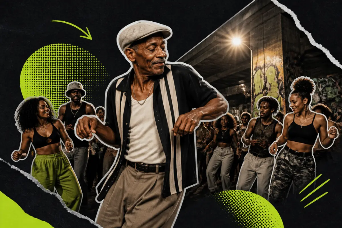 Collage: an older man in a flat cap leading a crowd of dancers at a night street party under an overpass