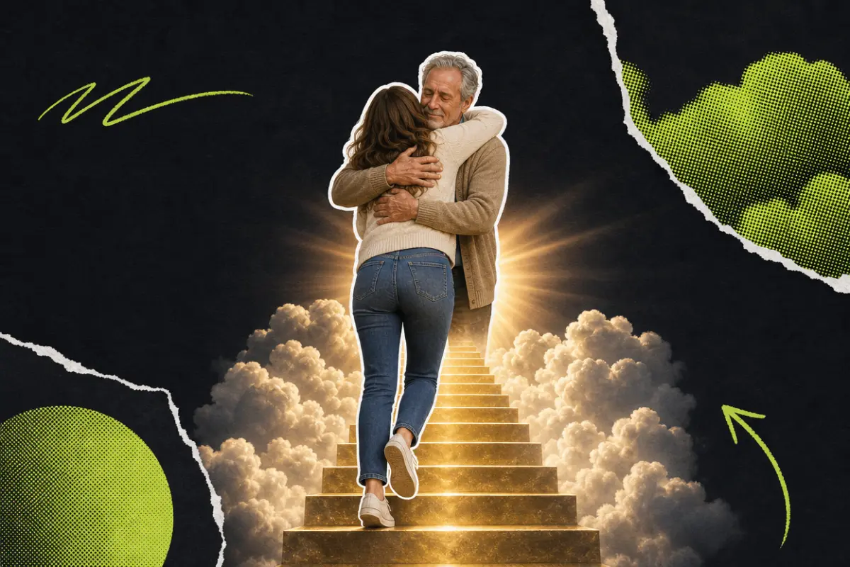 Collage: a woman at the top of a glowing golden stairway in the clouds, held in a long hug by an older man who waited for her there