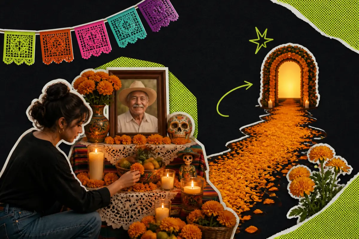 Collage: a woman lighting candles at a Day of the Dead altar with marigolds, papel picado and a framed photo of a smiling grandfather, a marigold path leading to a glowing arch