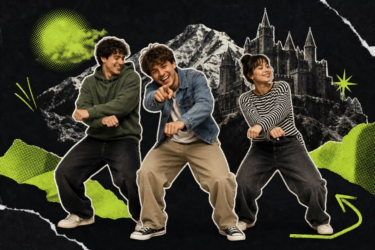 Collage: three friends in a hoodie, a denim jacket and a striped top doing the horse-riding dance in front of a snowy mountain and a dark castle, the one in the middle pointing at the viewer