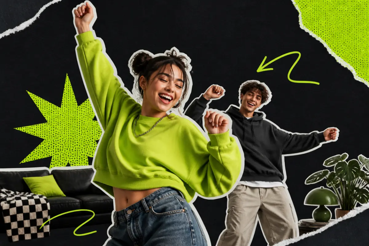 Collage: two friends dancing in a living room, one up front with an arm raised, the other behind