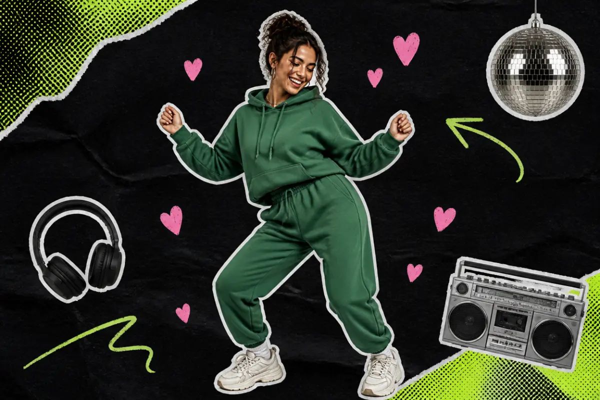 Collage: a young woman in a hoodie dancing with knees bent and arms out, swaying her hips, with pink hearts around her