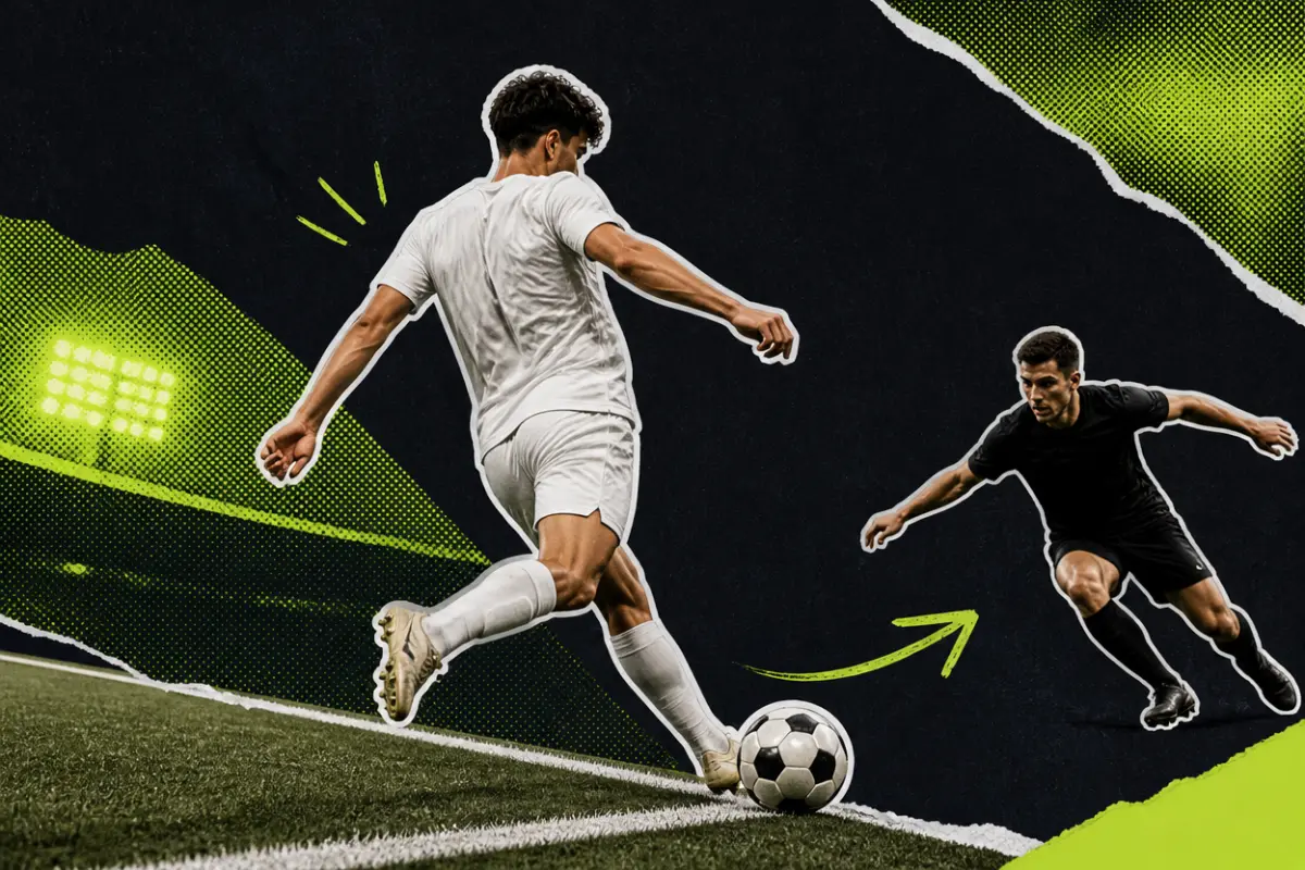 Collage: a footballer in a white kit striking the ball with a rabona on the touchline as a defender lunges the wrong way