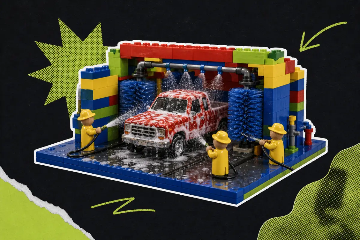 Collage: a miniature car wash built from colourful toy bricks, where little toy workers in yellow raincoats hose down a red pickup truck covered in foam between two spinning blue brushes