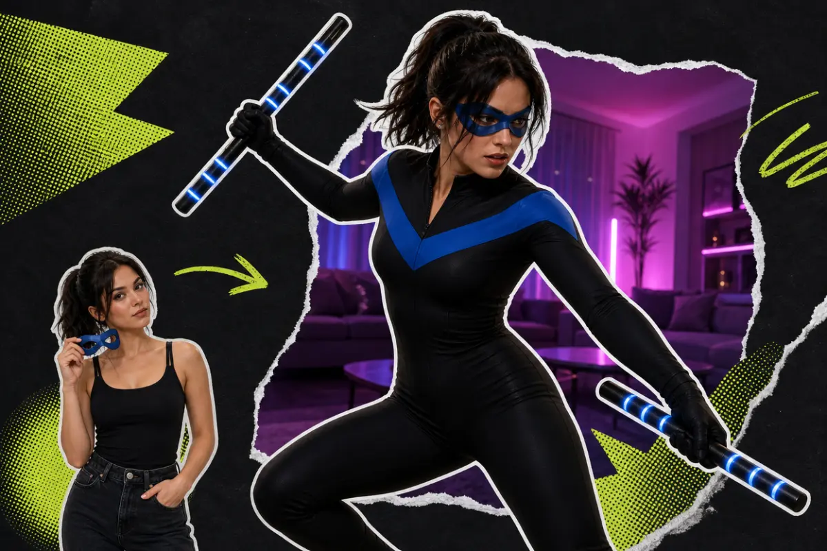 Collage: a woman in a blue eye mask and a black suit with a blue V dancing with two glowing sticks, beside a cut-out of her before the change