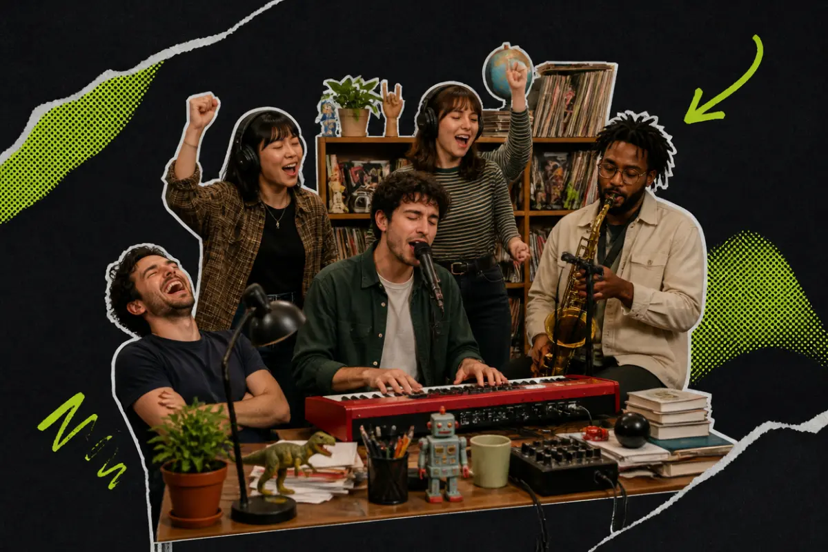 Collage: five friends squeezed behind a cluttered office desk, one singing at a red keyboard, two in headsets singing behind him, one on the sax and one laughing, with shelves of records and toys behind them