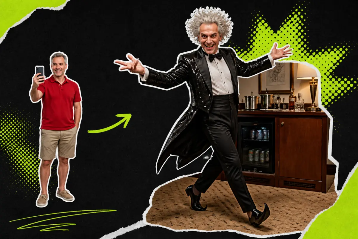 Collage: a man in a red polo shirt holding up his phone, and the same man as a grinning imp with wild white curls in a sequined tailcoat and bow tie, arms spread wide, tip-toeing past a hotel mini-bar