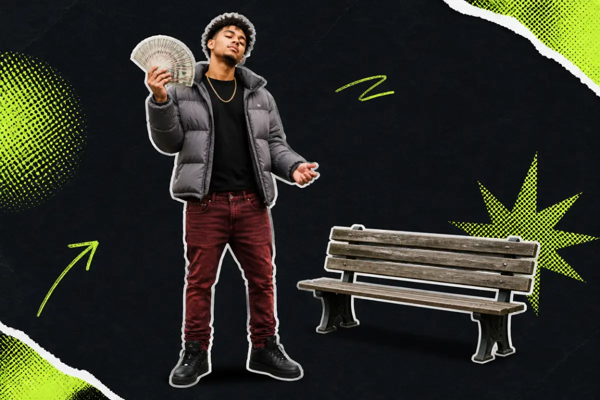 Collage: a young man in a puffer jacket fanning out a stack of cash and swaying, beside a wooden bench